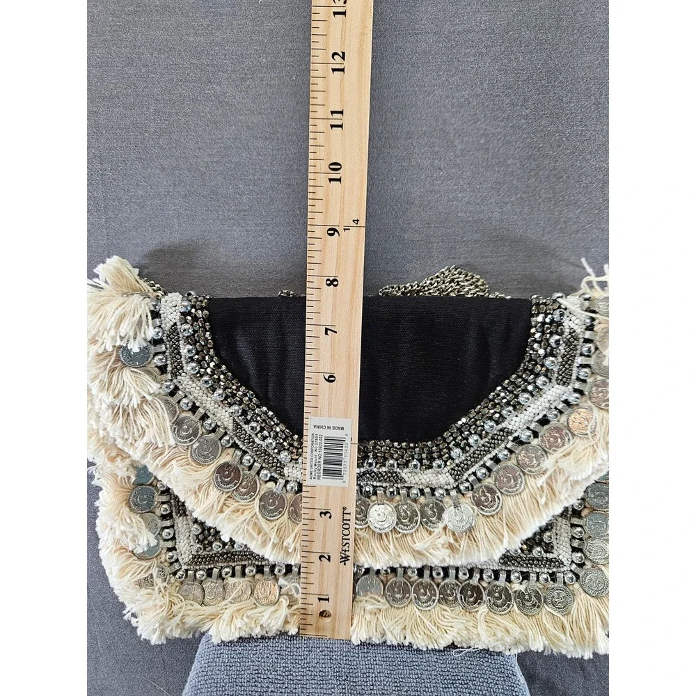 Lulus Black Boho Coin Fringe Beaded Crossbody Bag Silver Chain Strap (sku 138)